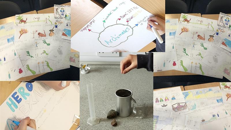 A collage of children's work: storyboards of Hercules' labours, a mindmap about Archimedes, a photo of testing the Archimedes' Principle in science class, 