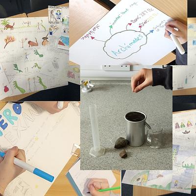 A collage of children's work: storyboards of Hercules' labours, a mindmap about Archimedes, a photo of testing the Archimedes' Principle in science class,
