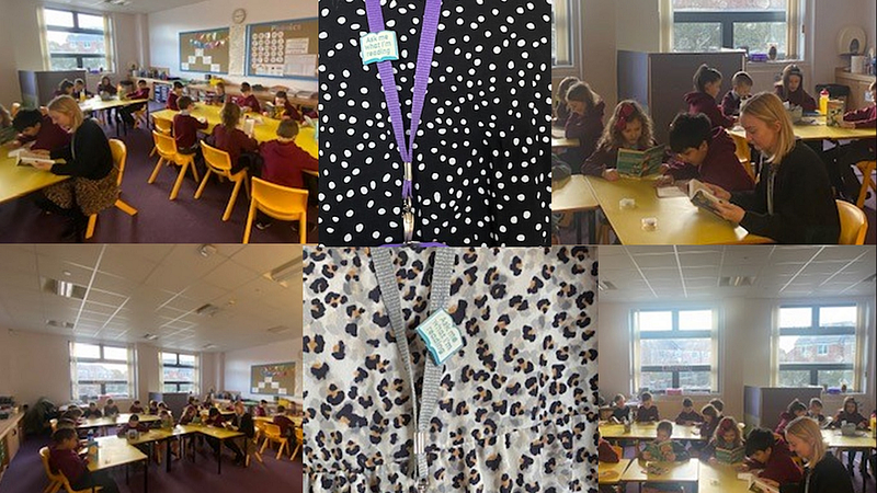 Collage of pupils sitting at yellow tables, reading books. Two images of teachers with lanyards and "Ask me what I'm reading" badges