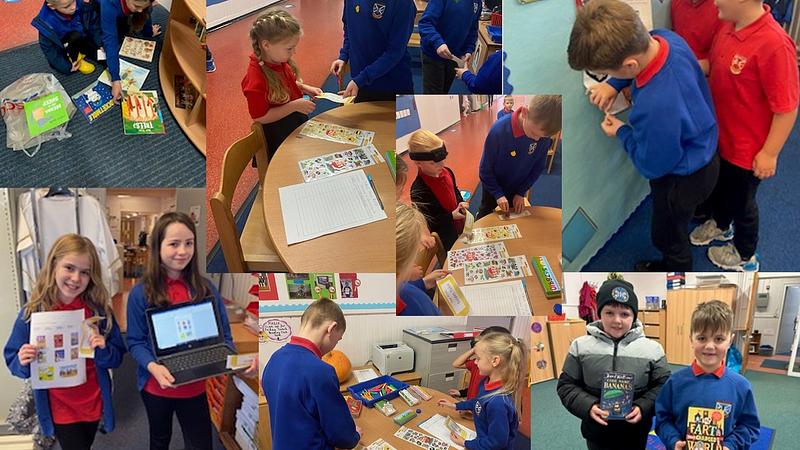 Collage of pupils holding books, writing book reviews, sticking up posters