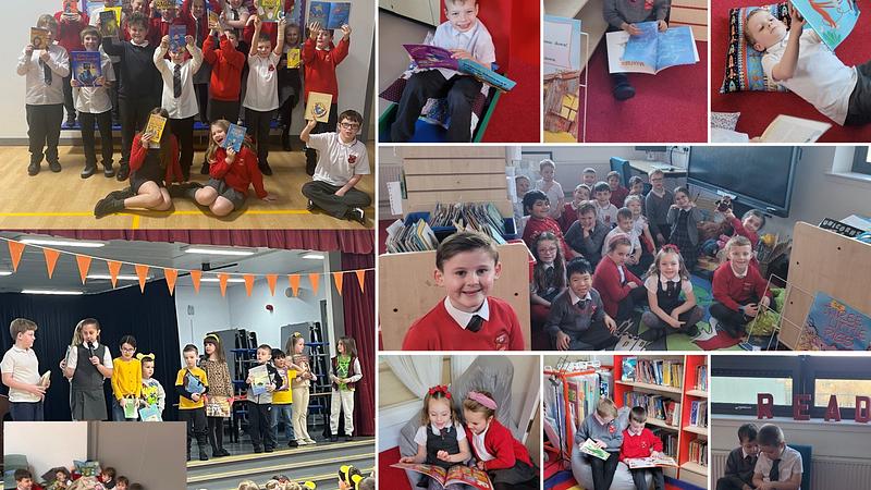 Collage of pupils reading, holding books up, sitting listening to story time in the library and presenting on stage