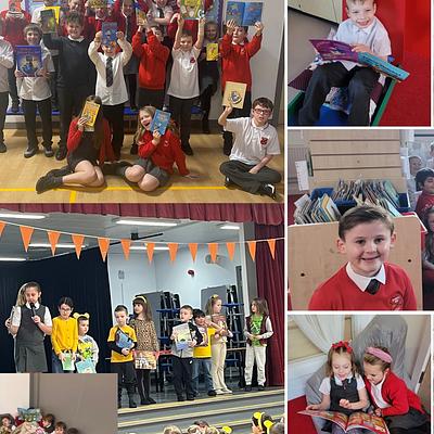 Collage of pupils reading, holding books up, sitting listening to story time in the library and presenting on stage