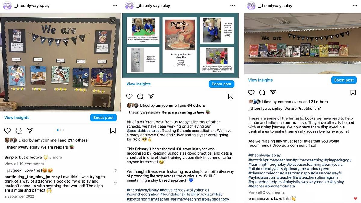 Three screenshots of Instagram posts showing a classroom display that says "We are readers" and a post about interdisciplinary learning