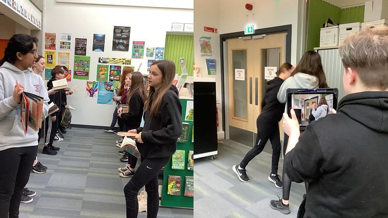 Two images: image on left shows pupils standing in pairs for book speed dating; image two shows a pupil filming two others using a tablet