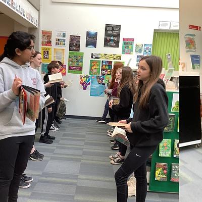 Two images: image on left shows pupils standing in pairs for book speed dating; image two shows a pupil filming two others using a tablet