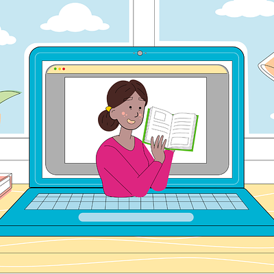 An illustration showing a teacher reading from a book, displayed on a laptop.
